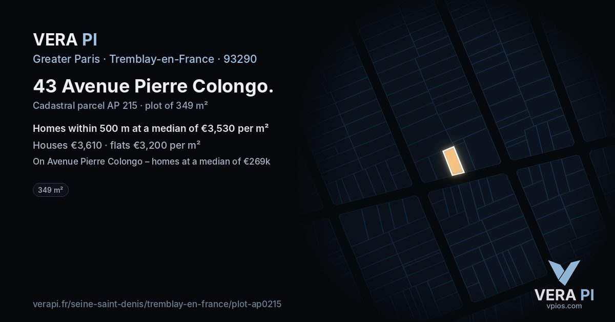 43 Avenue Pierre Colongo, Tremblay-en-France at night – the plot lit, the parcels around coloured by the prices near them