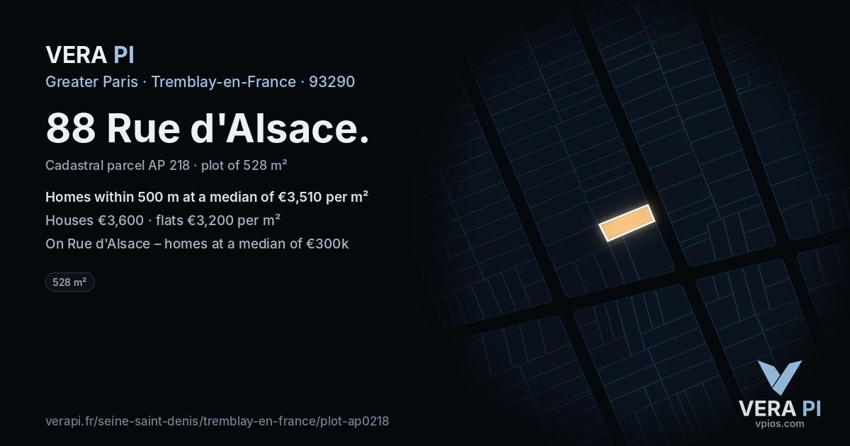 88 Rue d'Alsace, Tremblay-en-France at night – the plot lit, the parcels around coloured by the prices near them