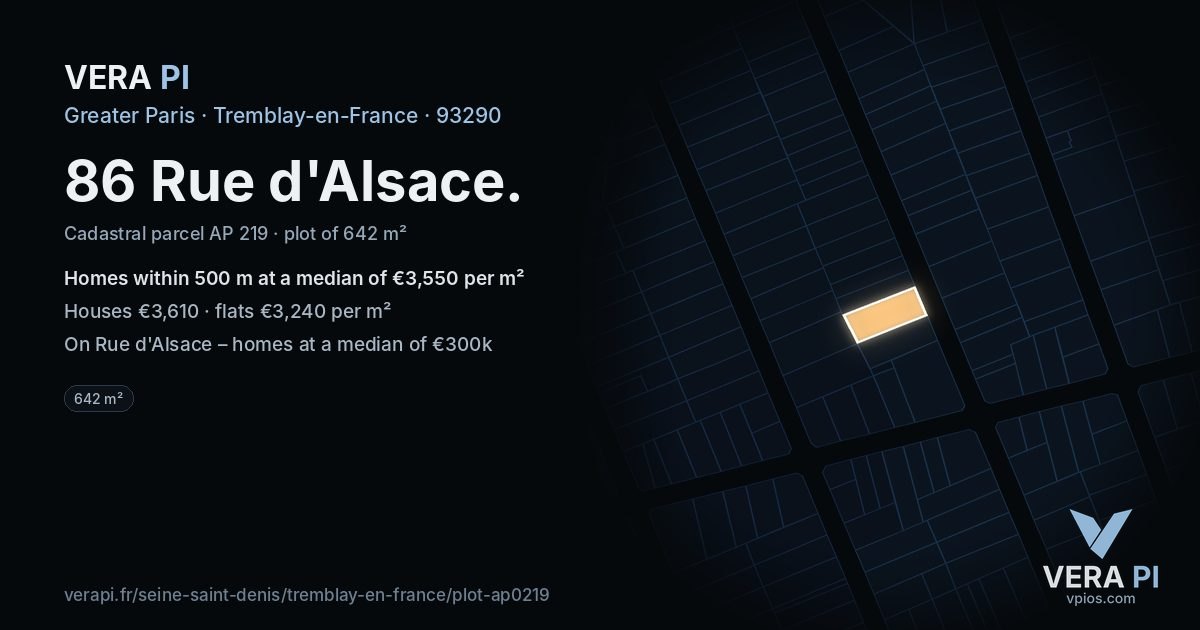 86 Rue d'Alsace, Tremblay-en-France at night – the plot lit, the parcels around coloured by the prices near them