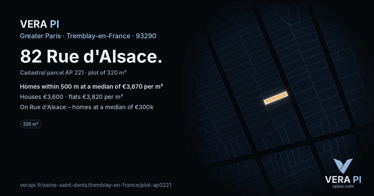 82 Rue d'Alsace, Tremblay-en-France at night – the plot lit, the parcels around coloured by the prices near them