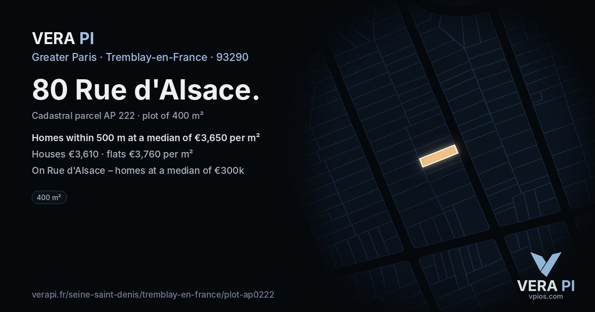 80 Rue d'Alsace, Tremblay-en-France at night – the plot lit, the parcels around coloured by the prices near them