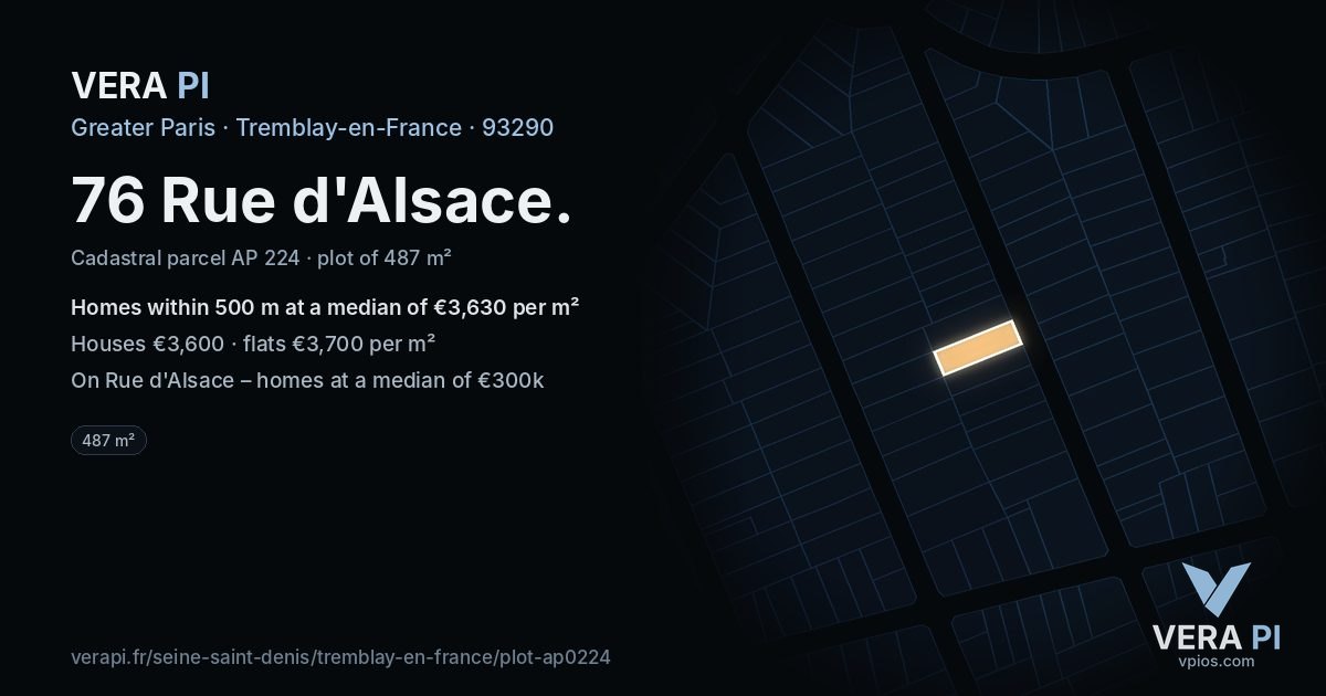 76 Rue d'Alsace, Tremblay-en-France at night – the plot lit, the parcels around coloured by the prices near them