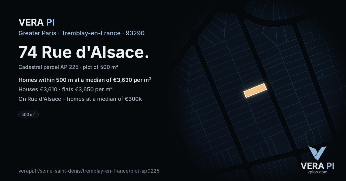 74 Rue d'Alsace, Tremblay-en-France at night – the plot lit, the parcels around coloured by the prices near them