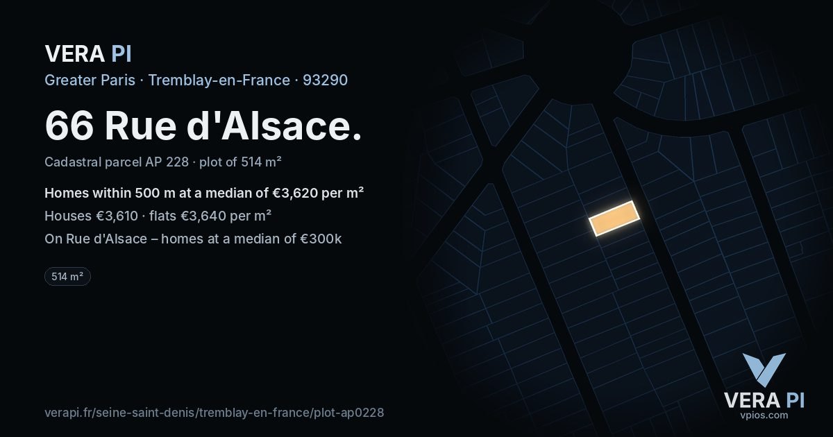 66 Rue d'Alsace, Tremblay-en-France at night – the plot lit, the parcels around coloured by the prices near them