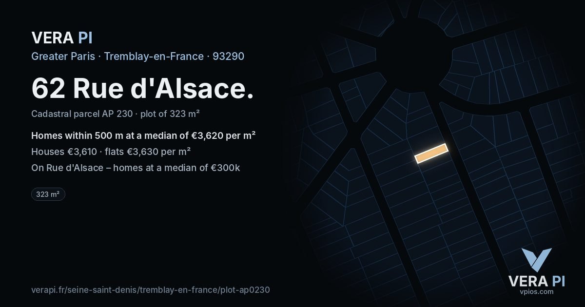 62 Rue d'Alsace, Tremblay-en-France at night – the plot lit, the parcels around coloured by the prices near them