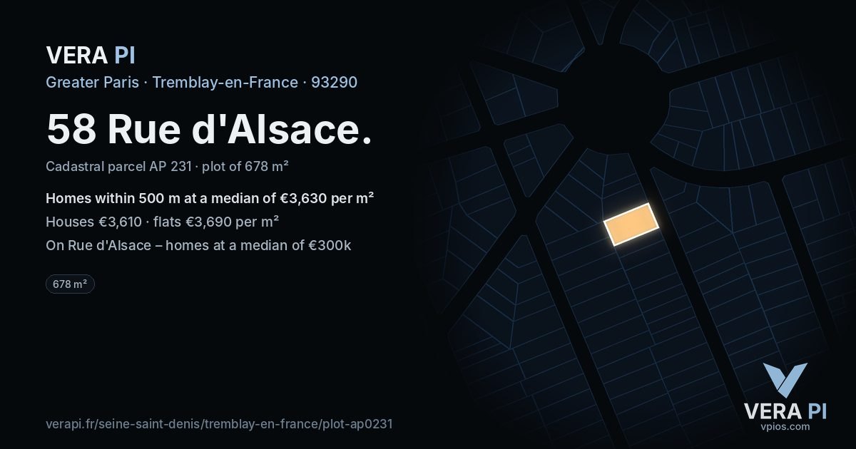 58 Rue d'Alsace, Tremblay-en-France at night – the plot lit, the parcels around coloured by the prices near them