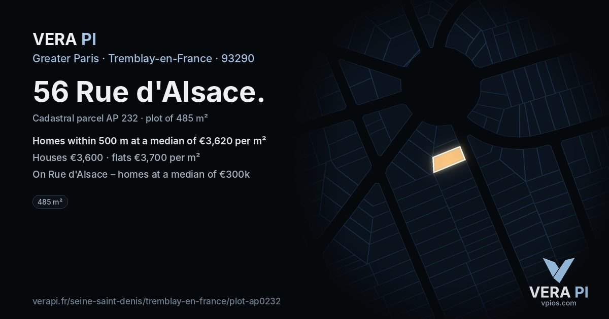 56 Rue d'Alsace, Tremblay-en-France at night – the plot lit, the parcels around coloured by the prices near them