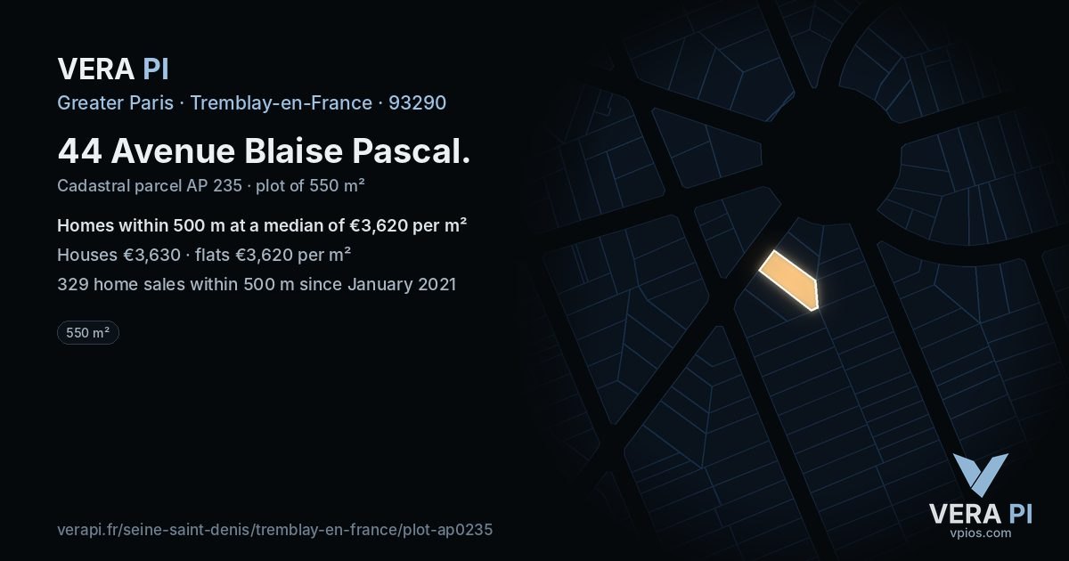 44 Avenue Blaise Pascal, Tremblay-en-France at night – the plot lit, the parcels around coloured by the prices near them