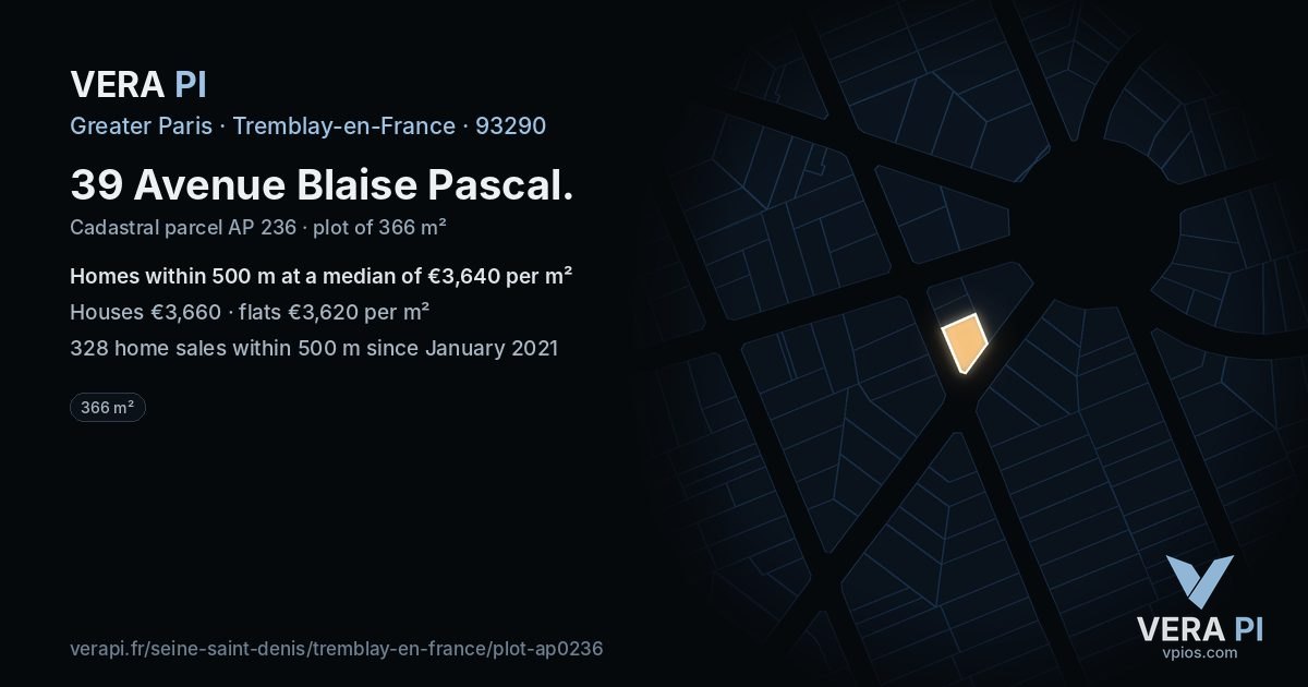 39 Avenue Blaise Pascal, Tremblay-en-France at night – the plot lit, the parcels around coloured by the prices near them