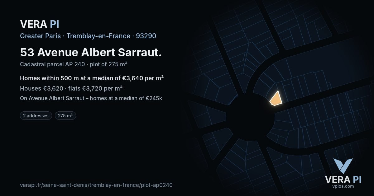53 Avenue Albert Sarraut, Tremblay-en-France at night – the plot lit, the parcels around coloured by the prices near them