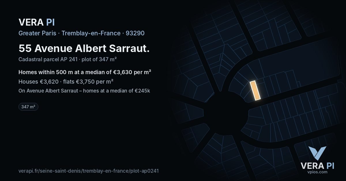 55 Avenue Albert Sarraut, Tremblay-en-France at night – the plot lit, the parcels around coloured by the prices near them