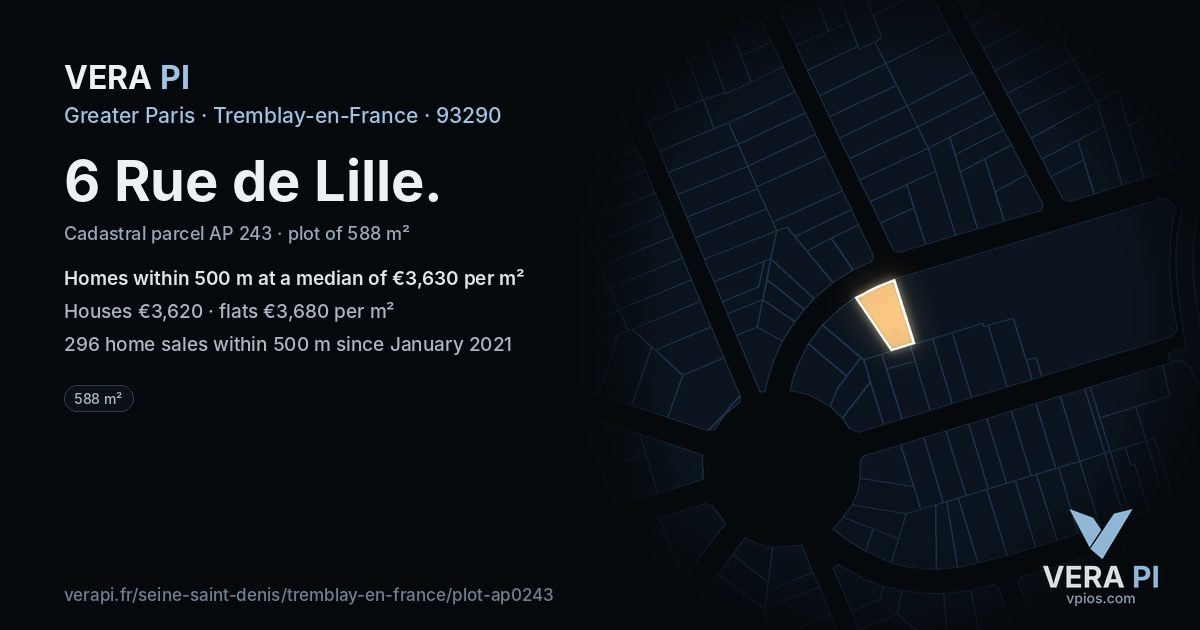6 Rue de Lille, Tremblay-en-France at night – the plot lit, the parcels around coloured by the prices near them