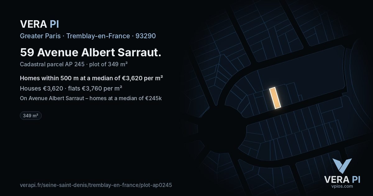 59 Avenue Albert Sarraut, Tremblay-en-France at night – the plot lit, the parcels around coloured by the prices near them