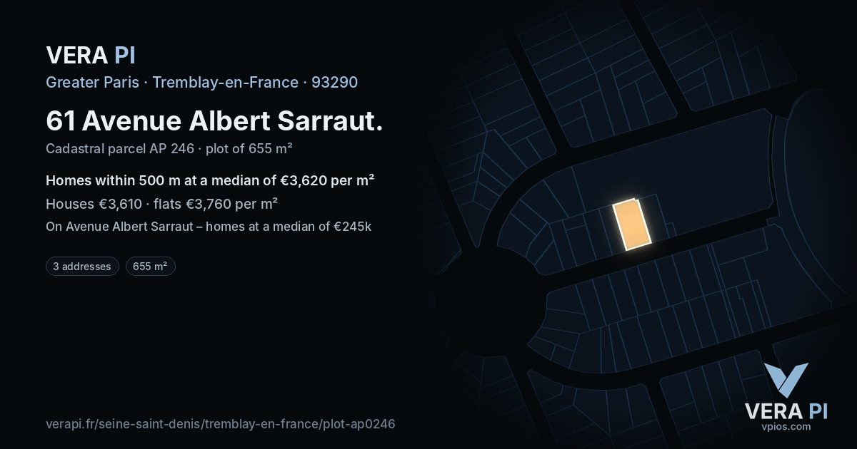 61 Avenue Albert Sarraut, Tremblay-en-France at night – the plot lit, the parcels around coloured by the prices near them