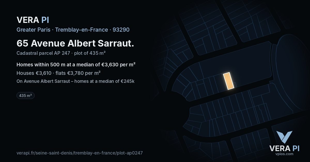 65 Avenue Albert Sarraut, Tremblay-en-France at night – the plot lit, the parcels around coloured by the prices near them