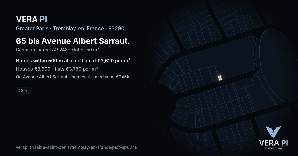 65 bis Avenue Albert Sarraut, Tremblay-en-France at night – the plot lit, the parcels around coloured by the prices near them