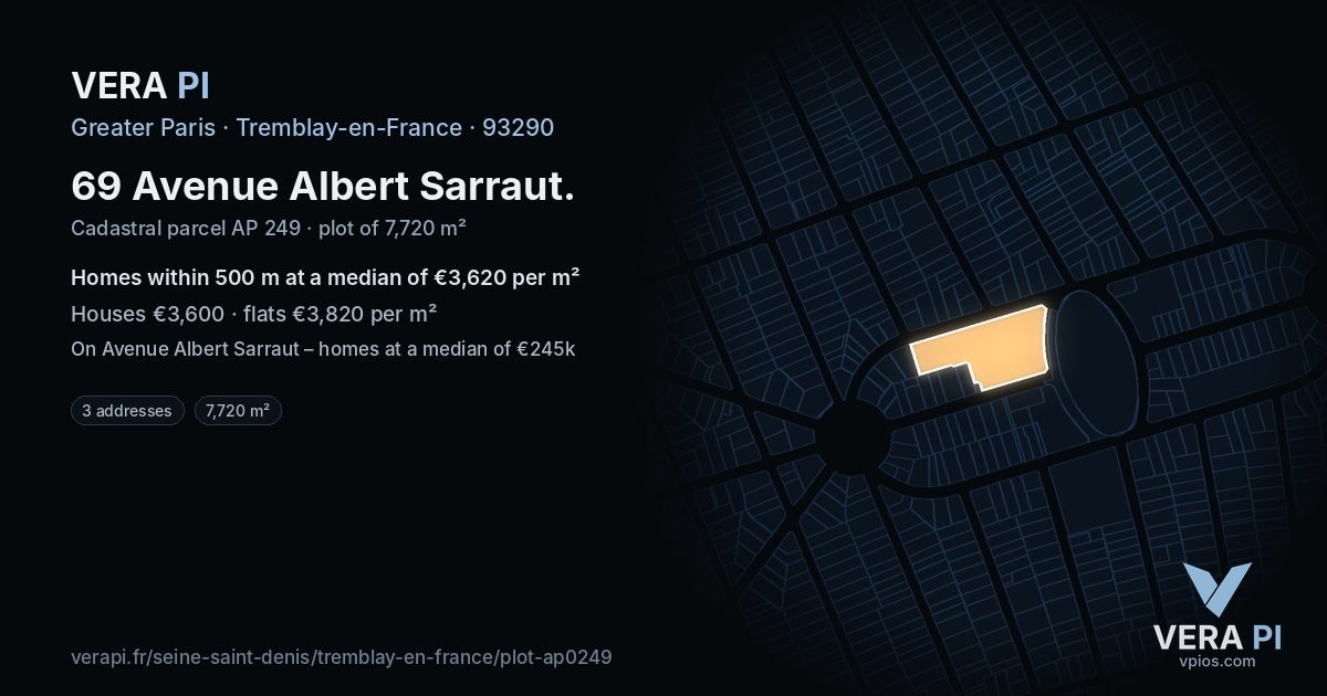 69 Avenue Albert Sarraut, Tremblay-en-France at night – the plot lit, the parcels around coloured by the prices near them