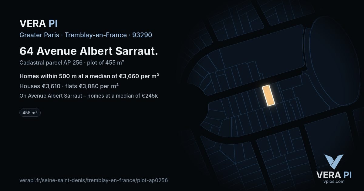 64 Avenue Albert Sarraut, Tremblay-en-France at night – the plot lit, the parcels around coloured by the prices near them