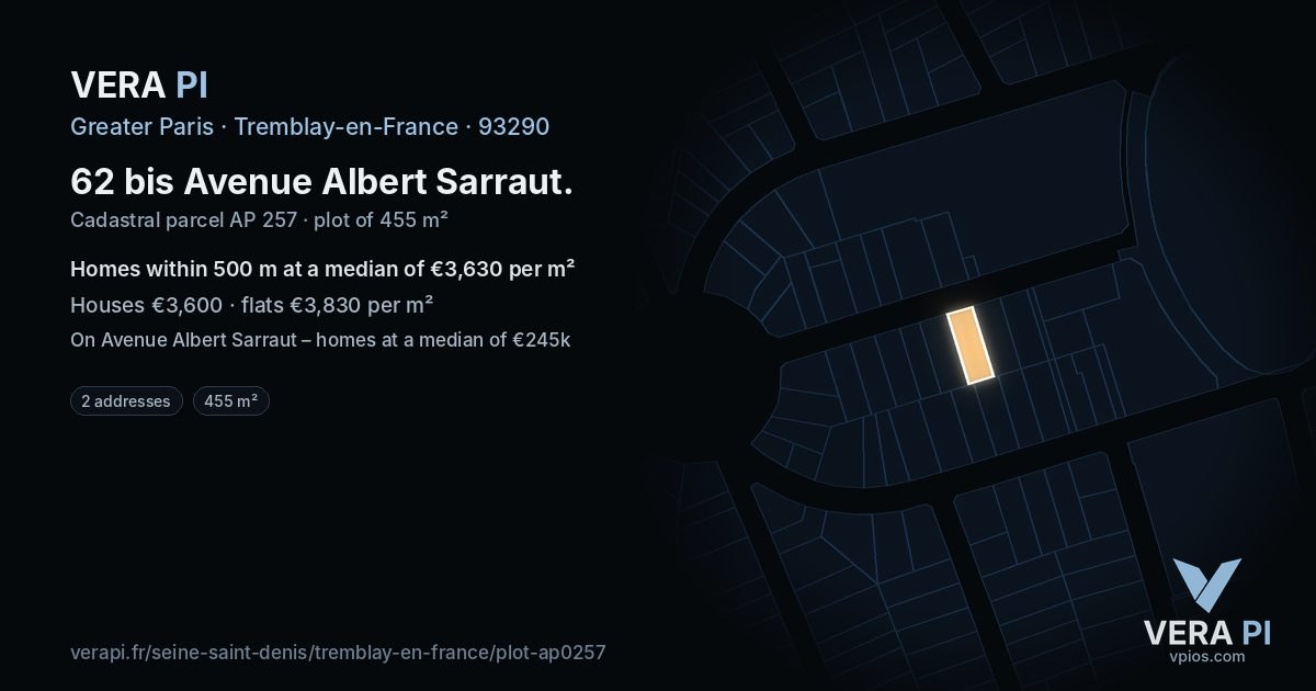 62 bis Avenue Albert Sarraut, Tremblay-en-France at night – the plot lit, the parcels around coloured by the prices near them