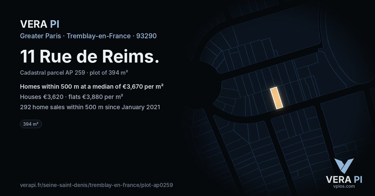 11 Rue de Reims, Tremblay-en-France at night – the plot lit, the parcels around coloured by the prices near them