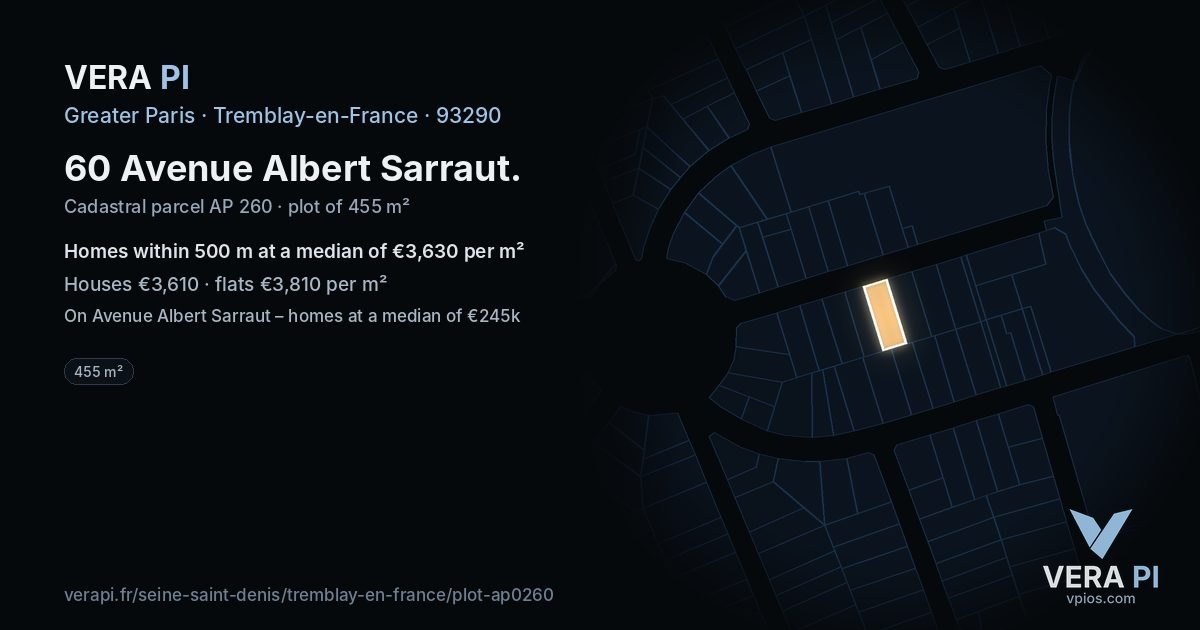 60 Avenue Albert Sarraut, Tremblay-en-France at night – the plot lit, the parcels around coloured by the prices near them