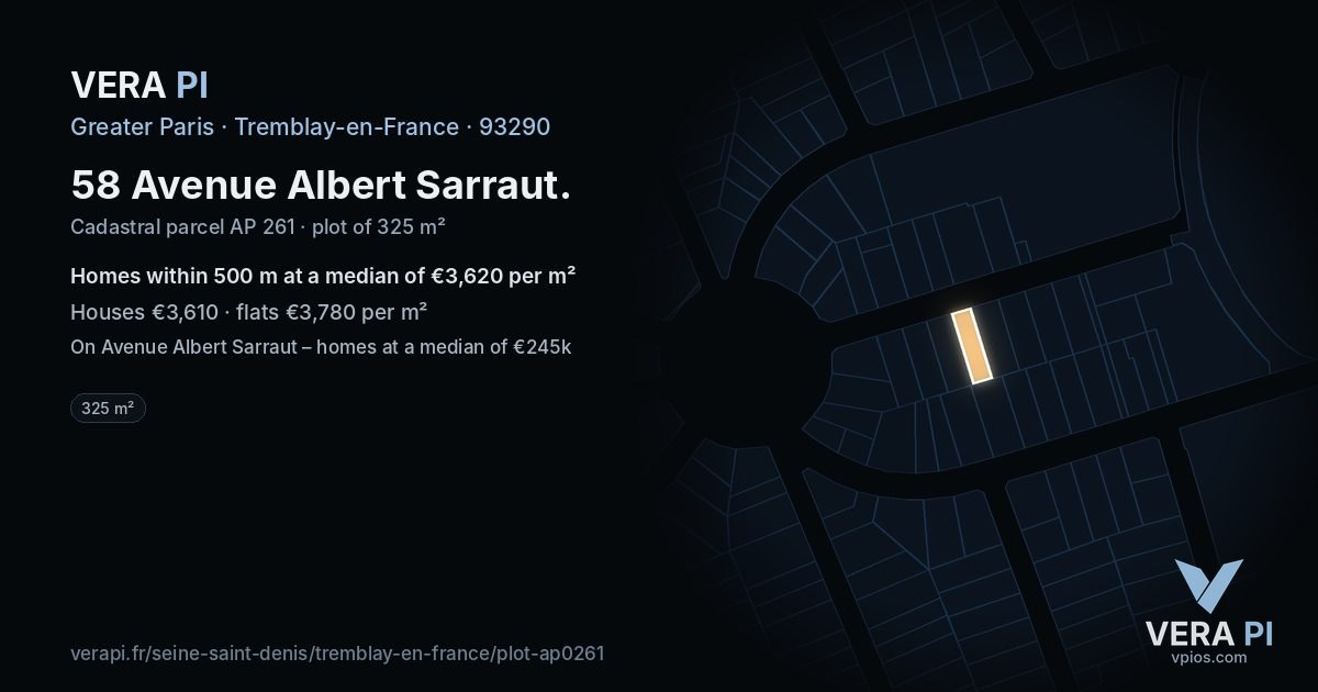 58 Avenue Albert Sarraut, Tremblay-en-France at night – the plot lit, the parcels around coloured by the prices near them