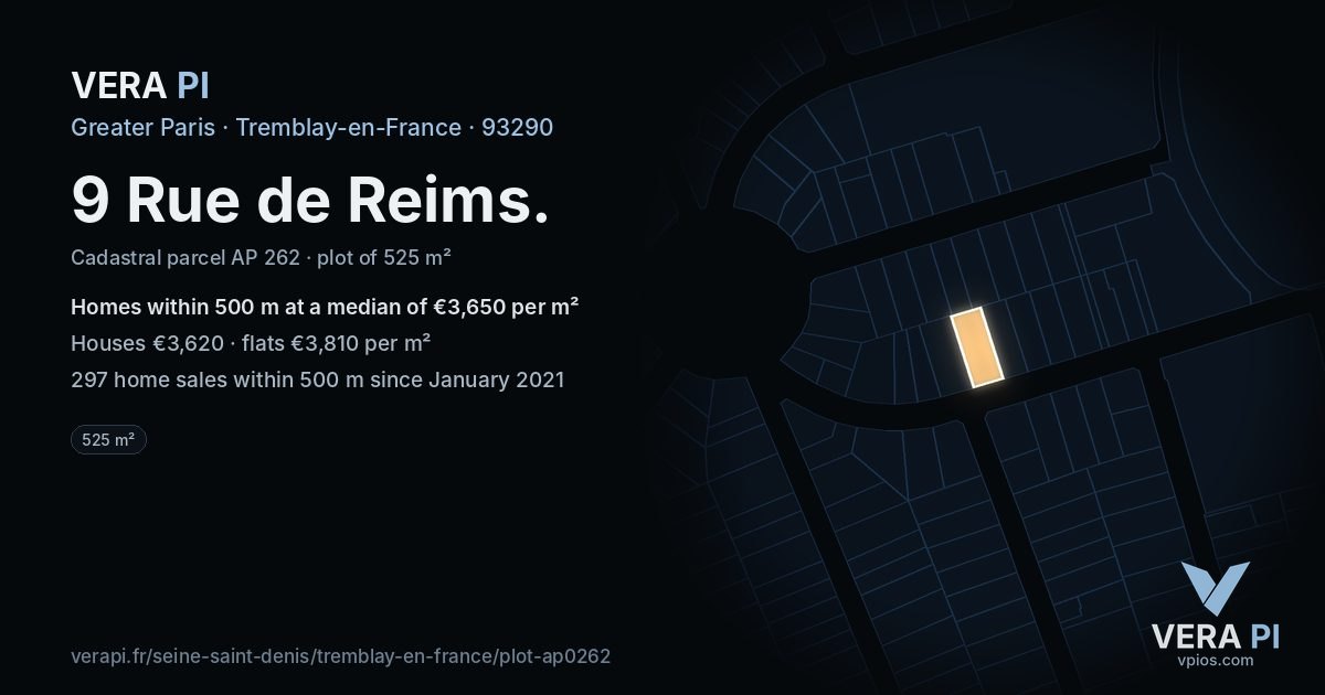 9 Rue de Reims, Tremblay-en-France at night – the plot lit, the parcels around coloured by the prices near them