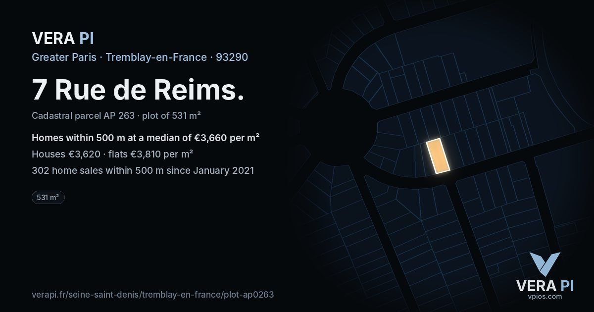 7 Rue de Reims, Tremblay-en-France at night – the plot lit, the parcels around coloured by the prices near them