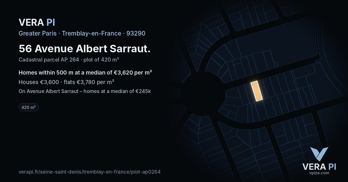 56 Avenue Albert Sarraut, Tremblay-en-France at night – the plot lit, the parcels around coloured by the prices near them