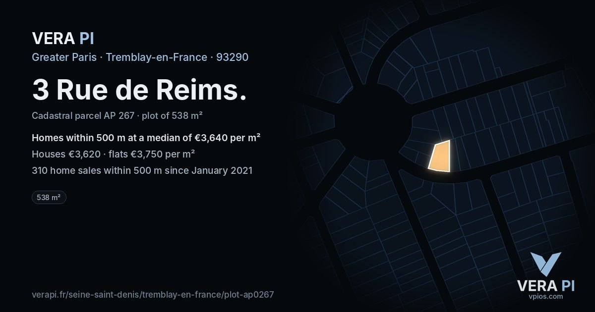 3 Rue de Reims, Tremblay-en-France at night – the plot lit, the parcels around coloured by the prices near them