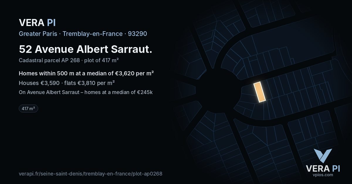 52 Avenue Albert Sarraut, Tremblay-en-France at night – the plot lit, the parcels around coloured by the prices near them