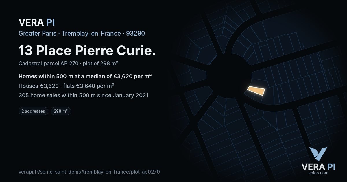 13 Place Pierre Curie, Tremblay-en-France at night – the plot lit, the parcels around coloured by the prices near them