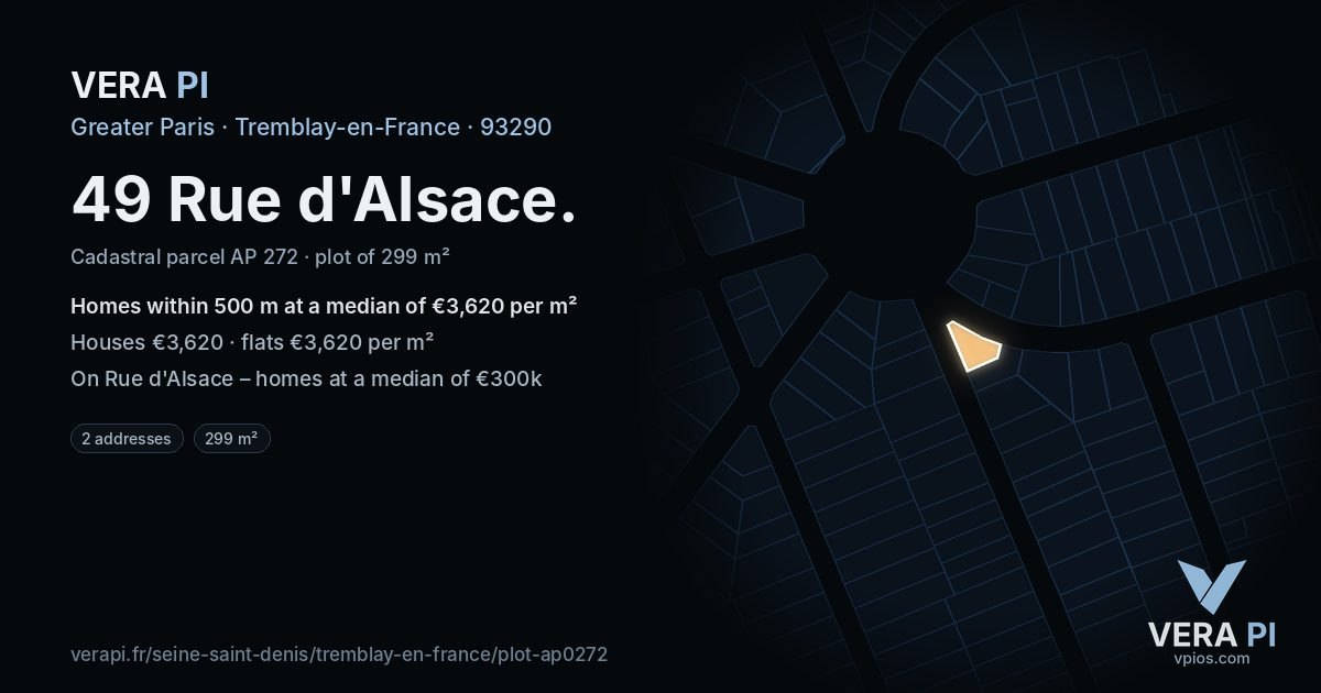 49 Rue d'Alsace, Tremblay-en-France at night – the plot lit, the parcels around coloured by the prices near them