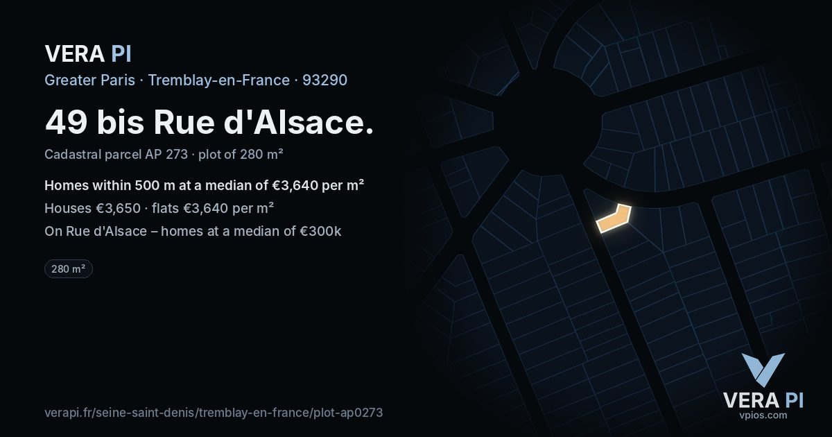 49 bis Rue d'Alsace, Tremblay-en-France at night – the plot lit, the parcels around coloured by the prices near them