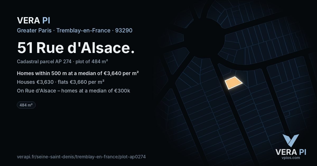 51 Rue d'Alsace, Tremblay-en-France at night – the plot lit, the parcels around coloured by the prices near them