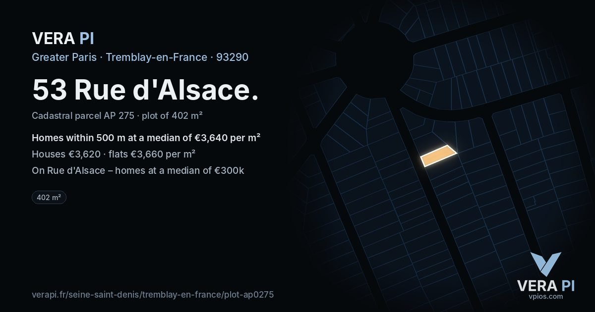 53 Rue d'Alsace, Tremblay-en-France at night – the plot lit, the parcels around coloured by the prices near them