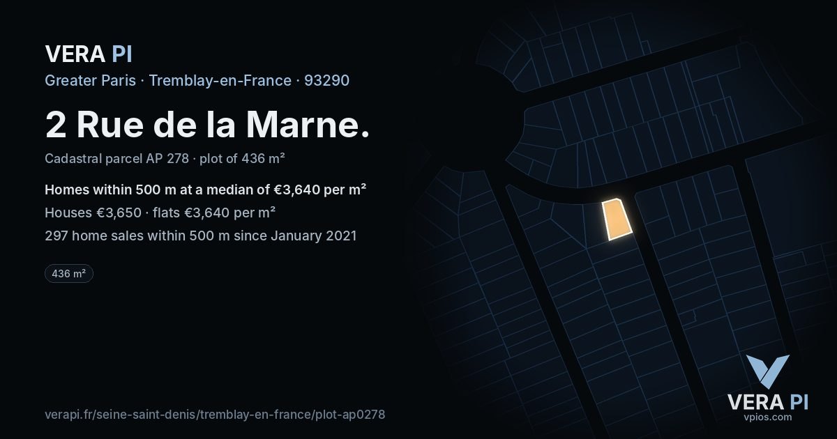 2 Rue de la Marne, Tremblay-en-France at night – the plot lit, the parcels around coloured by the prices near them