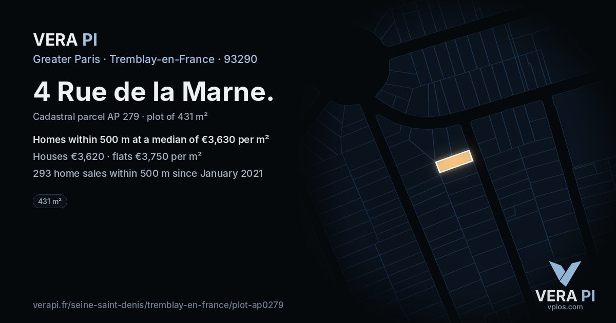 4 Rue de la Marne, Tremblay-en-France at night – the plot lit, the parcels around coloured by the prices near them