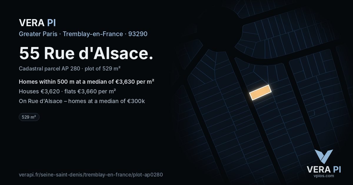 55 Rue d'Alsace, Tremblay-en-France at night – the plot lit, the parcels around coloured by the prices near them
