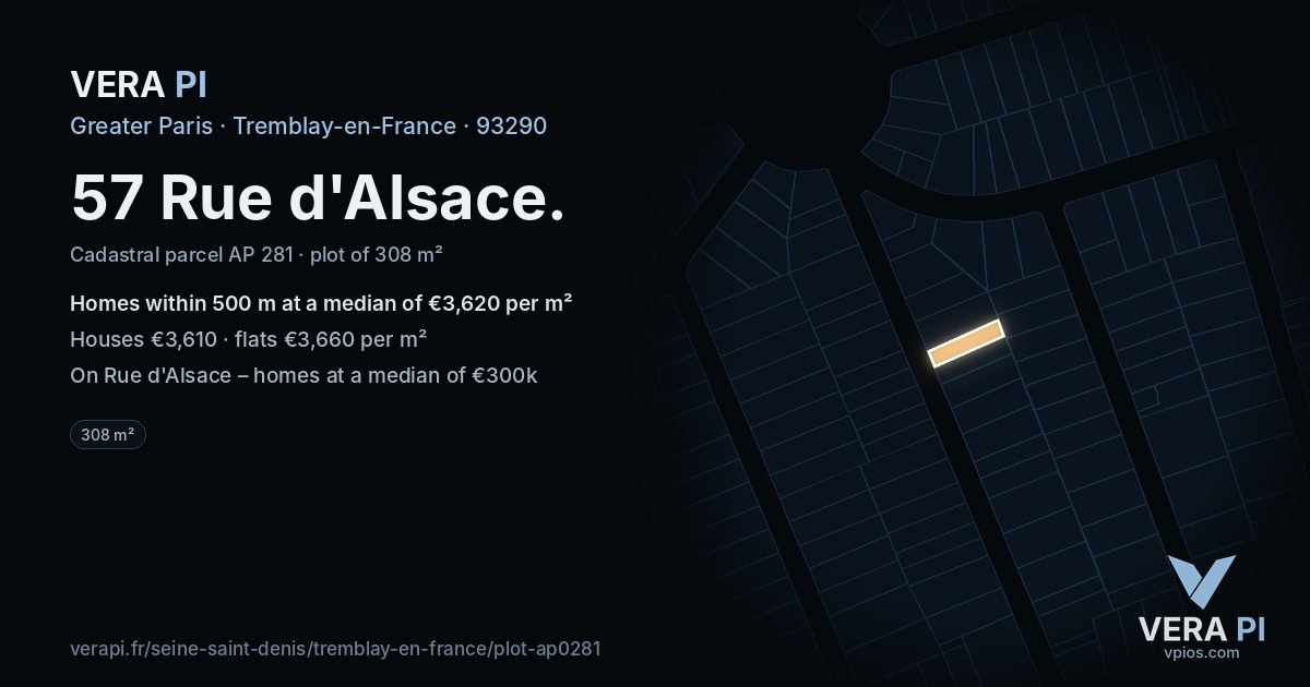 57 Rue d'Alsace, Tremblay-en-France at night – the plot lit, the parcels around coloured by the prices near them