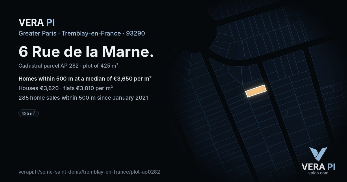 6 Rue de la Marne, Tremblay-en-France at night – the plot lit, the parcels around coloured by the prices near them