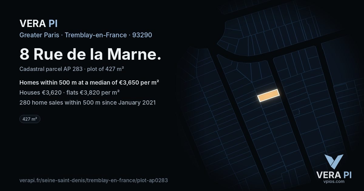 8 Rue de la Marne, Tremblay-en-France at night – the plot lit, the parcels around coloured by the prices near them