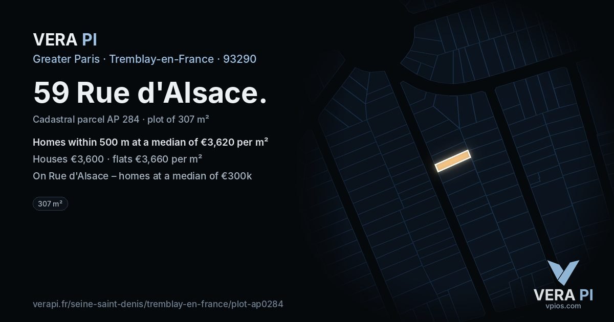 59 Rue d'Alsace, Tremblay-en-France at night – the plot lit, the parcels around coloured by the prices near them