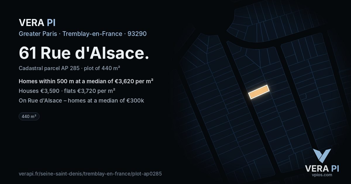 61 Rue d'Alsace, Tremblay-en-France at night – the plot lit, the parcels around coloured by the prices near them