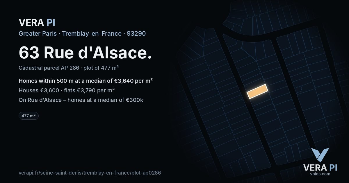 63 Rue d'Alsace, Tremblay-en-France at night – the plot lit, the parcels around coloured by the prices near them