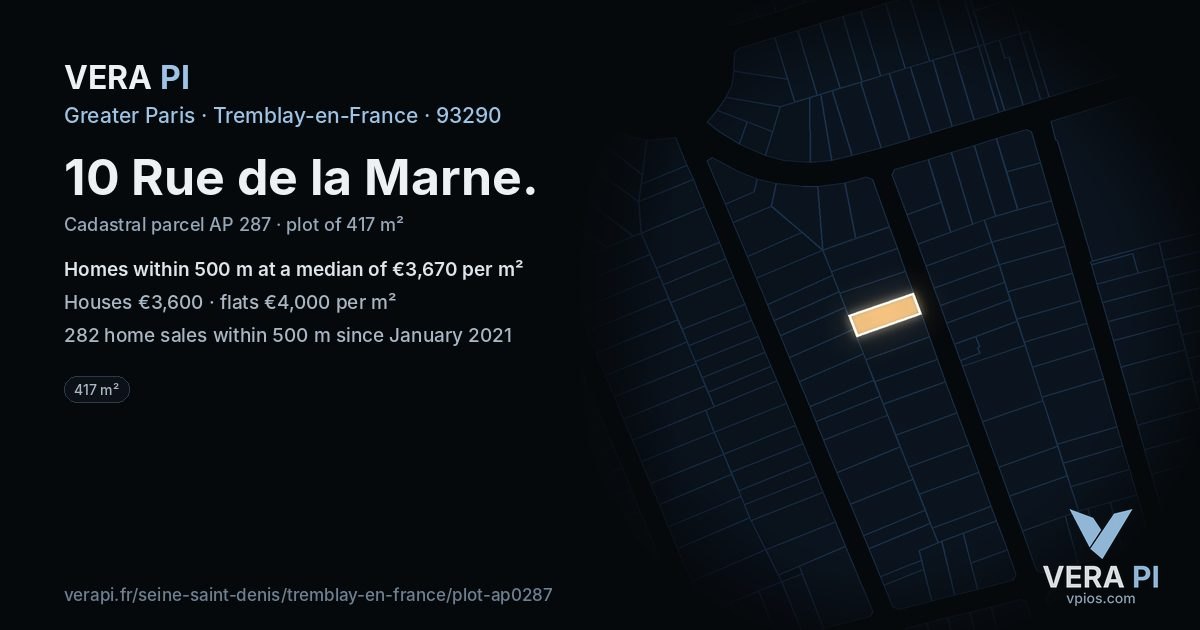 10 Rue de la Marne, Tremblay-en-France at night – the plot lit, the parcels around coloured by the prices near them