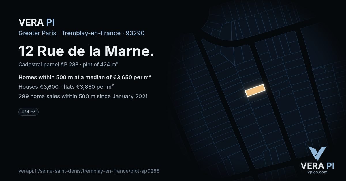 12 Rue de la Marne, Tremblay-en-France at night – the plot lit, the parcels around coloured by the prices near them