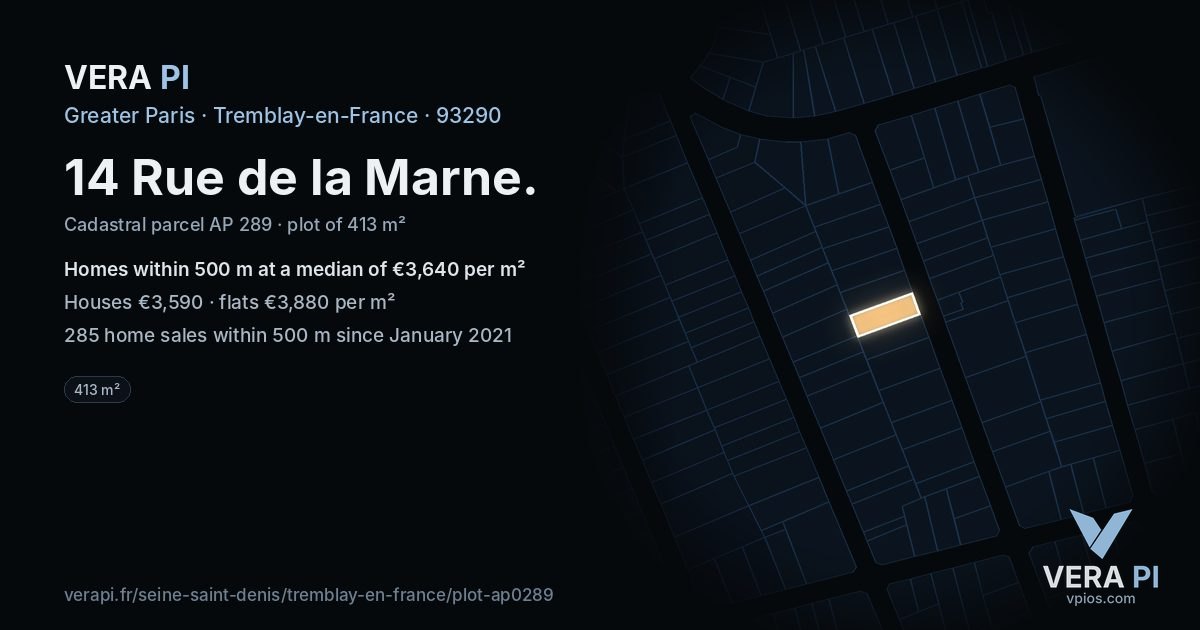 14 Rue de la Marne, Tremblay-en-France at night – the plot lit, the parcels around coloured by the prices near them