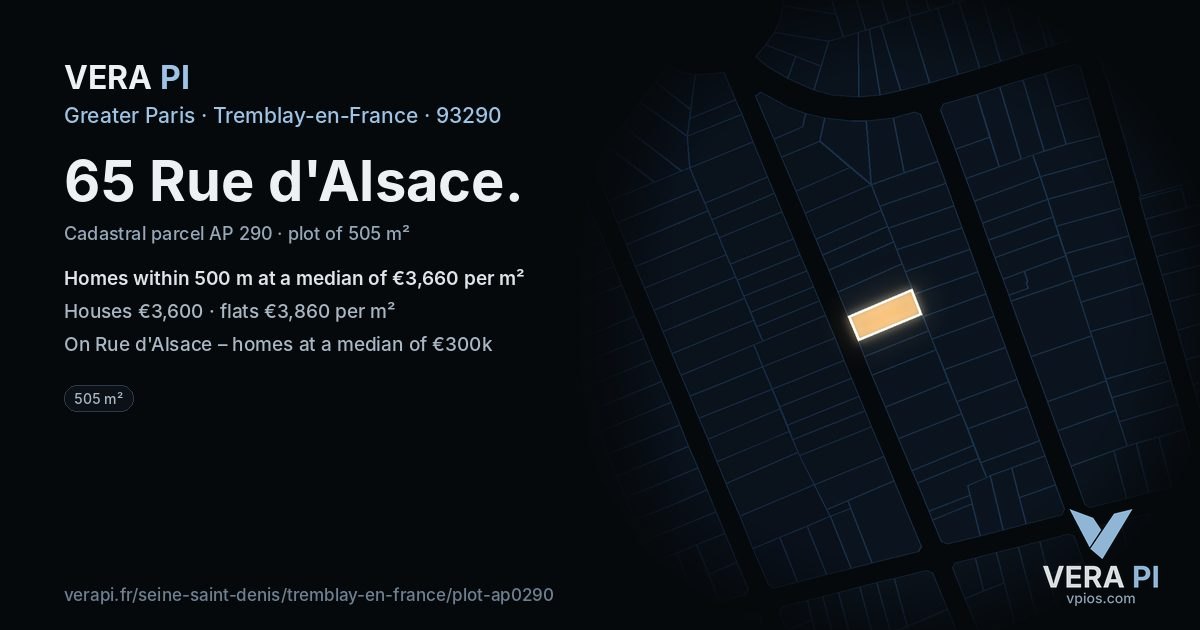 65 Rue d'Alsace, Tremblay-en-France at night – the plot lit, the parcels around coloured by the prices near them