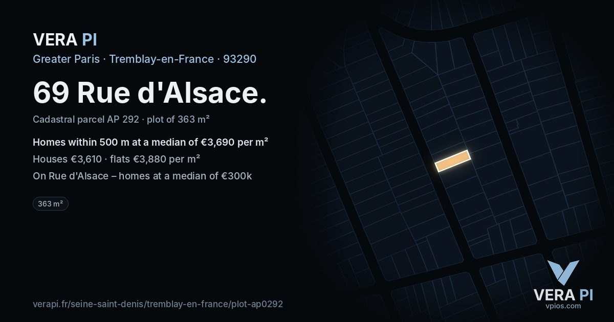 69 Rue d'Alsace, Tremblay-en-France at night – the plot lit, the parcels around coloured by the prices near them